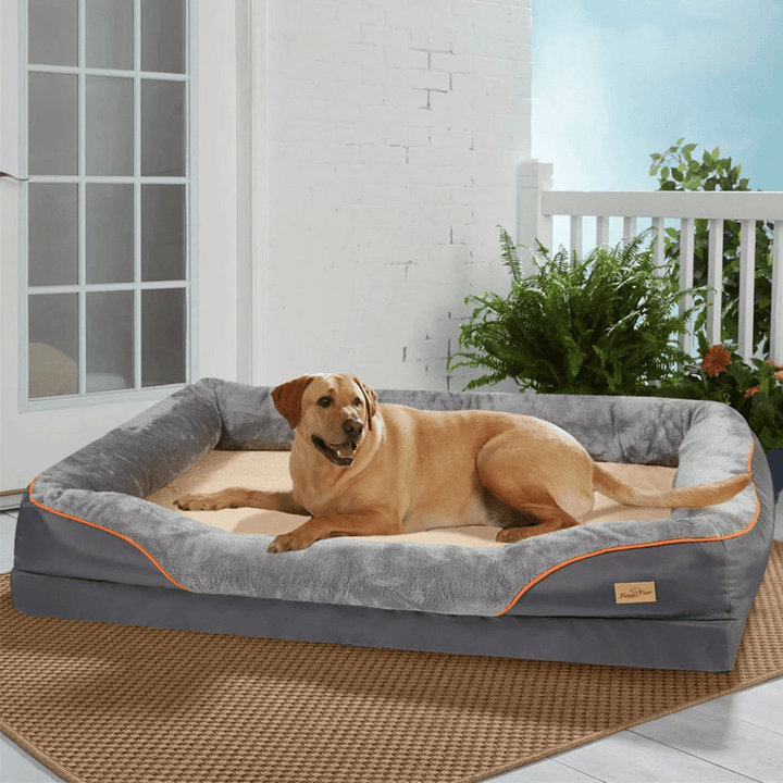 Comfortable orthopedic dog bed for big dogs. Deep memory foam ensures joint support & restful sleep.