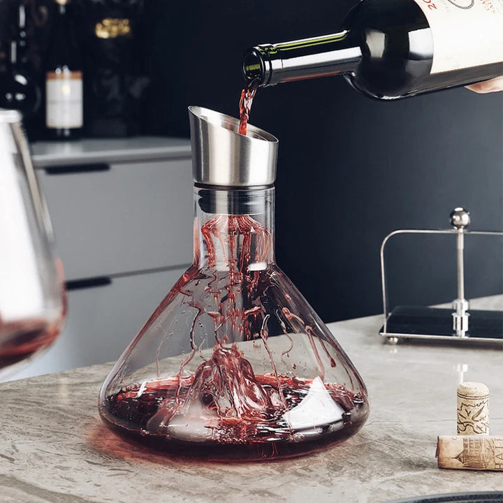 Elegant crystal wine decanter with 12-channel aerator and built-in filter for smooth, enhanced red wine flavor.