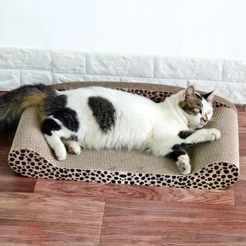 Leopard print cat scratching mat & lounging pad. Durable feline accessory for scratching and napping.