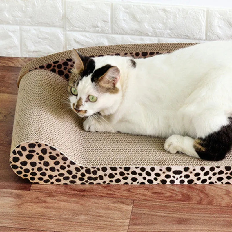 Stylish leopard print cat scratching mat, a chic feline accessory & pet furniture for modern homes.