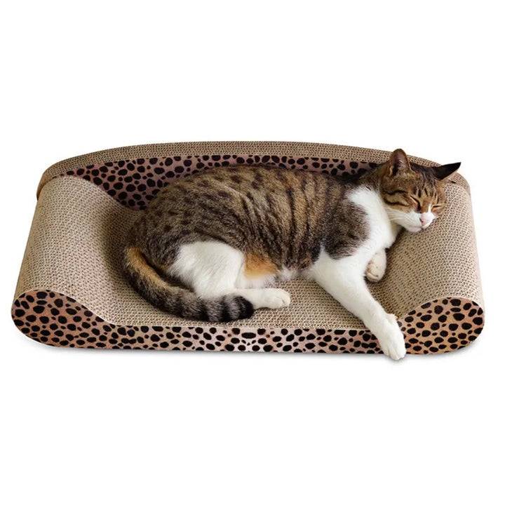 Versatile leopard print cat scratcher and lounging pad. Durable, provides a cozy spot for cats to relax.