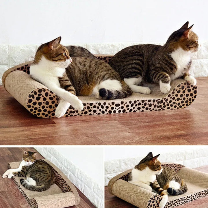 Happy cat on a durable leopard print scratching mat & cozy lounging pad. Protects furniture, stylish.