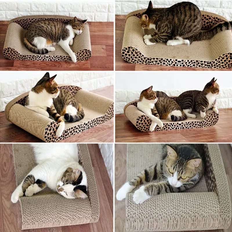 Leopard print lounging pad & cat scratcher. This durable pet furniture is a cozy haven for your feline.