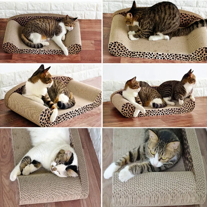 Leopard print lounging pad & cat scratcher. This durable pet furniture is a cozy haven for your feline.
