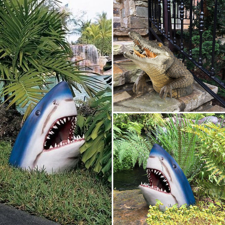 Striking 19-inch lifelike crocodile resin sculpture, perfect animal art for your outdoor garden decor.