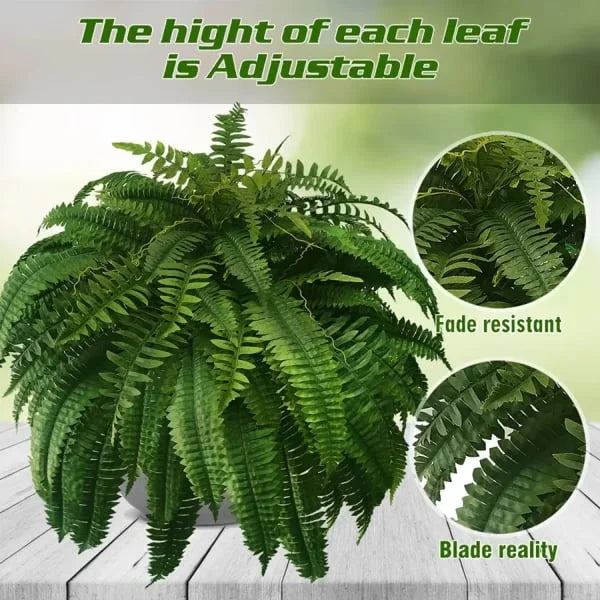Realistic UV protected artificial Boston fern. Ideal for vibrant, long-lasting outdoor garden greenery.