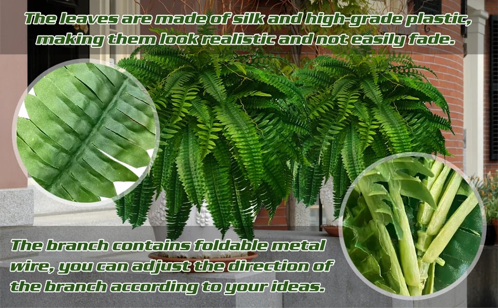 Green artificial Boston fern plant, designed for elegant and maintenance-free outdoor garden decor.