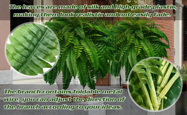 Green artificial Boston fern plant, designed for elegant and maintenance-free outdoor garden decor.