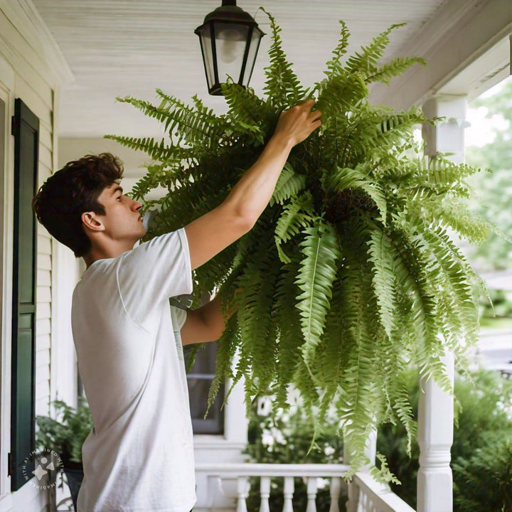 Decorative artificial Boston fern plant, bringing UV resistant greenery to outdoor living spaces.