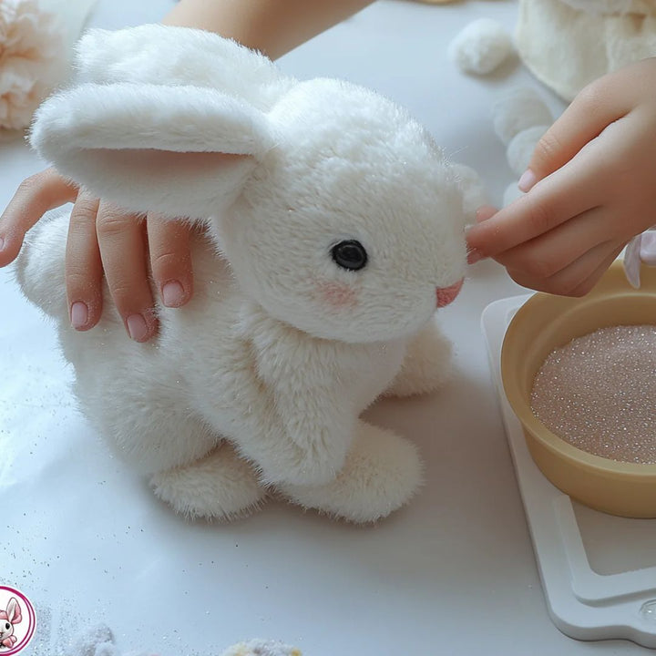 White cuddly interactive bunny plush toy with long ears, a lifelike soft companion for toddlers and kids.