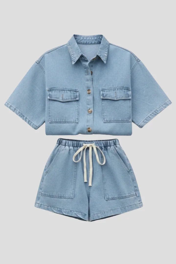 Light blue denim collared shirt & high-waisted shorts set for women. Perfect breezy summer outfit.