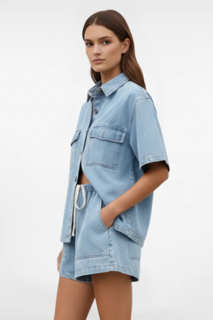 Casual light blue denim collared short set for women. Breezy & versatile summer outfit, perfect for warm weather.