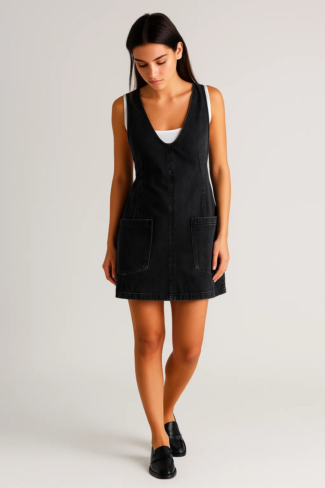 Stylish women's V-neck mini dress, sleeveless design in light blue, ideal for casual day-to-night versatility.