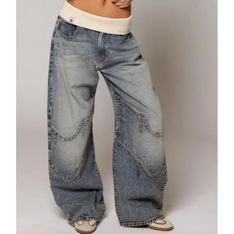 Light blue Women's Y2K baggy wide leg jeans, perfect for retro fashion & streetwear style.