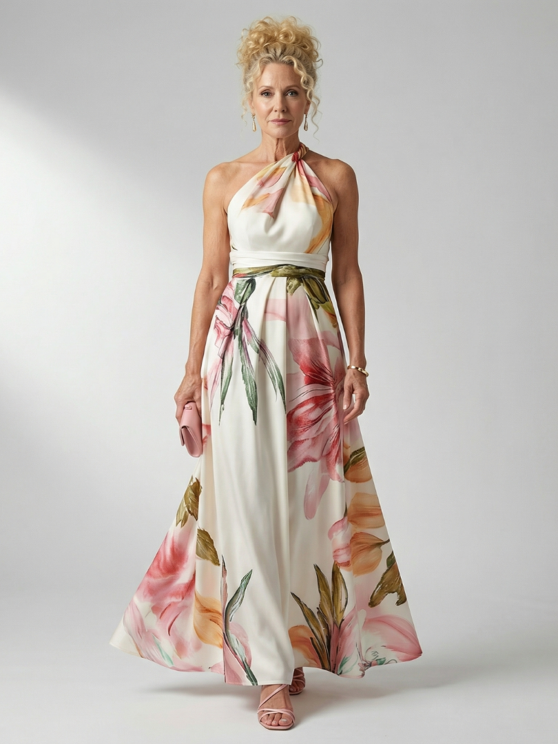 Light floral halter maxi dress for women, perfect for summer vacations.
