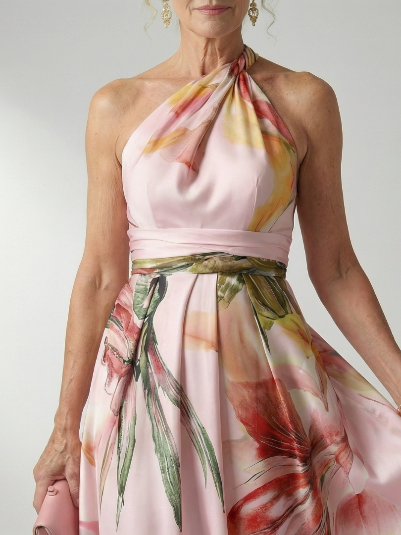 Flowy women's floral halter maxi dress, offering ultimate summer comfort.