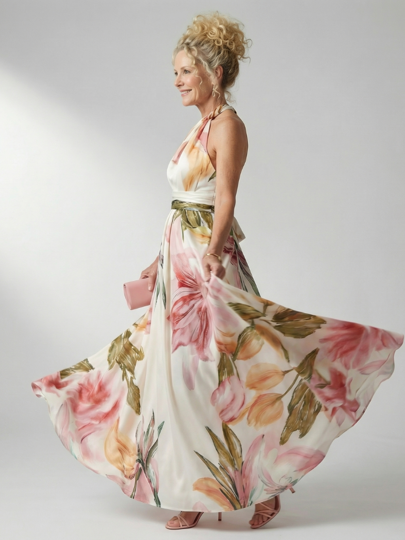 Elegant women's sleeveless floral maxi dress with a comfortable halter neck.