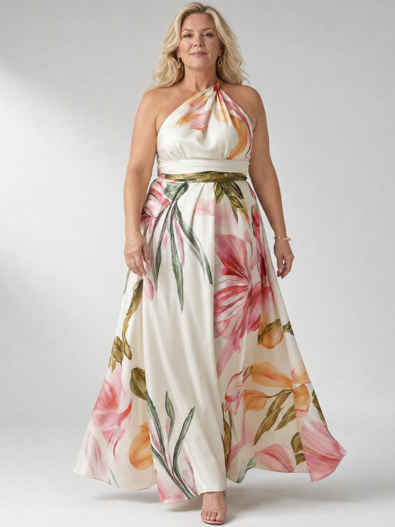 Women's light floral summer maxi dress with a flattering halter neckline.