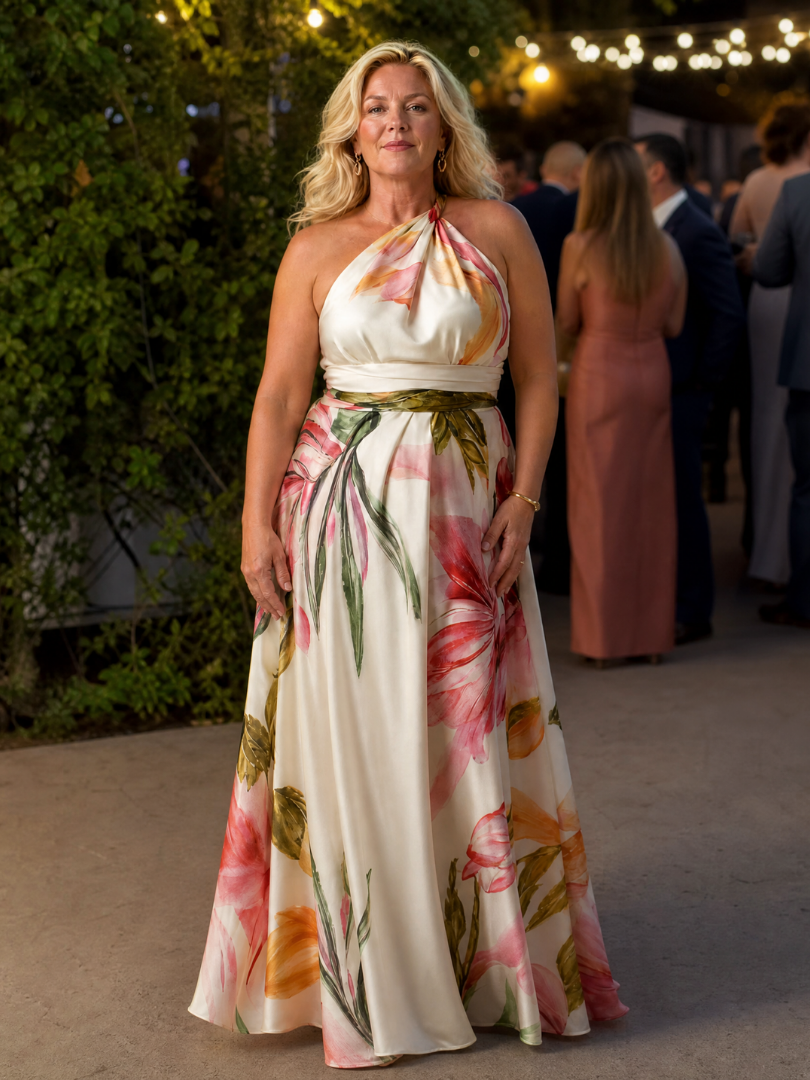 Comfortable women's floral print halter maxi dress, great for parties.