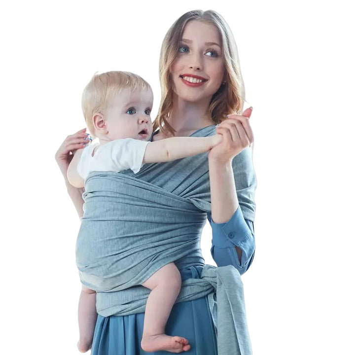 Light grey X-shaped baby cotton wrap carrier for snug newborn bonding