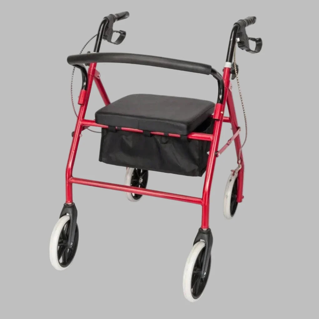 Lightweight, adjustable black & red rolling walker for seniors. Portable mobility aid for daily living support & independence.
