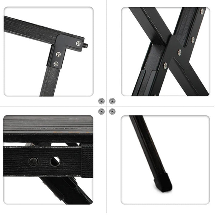 Compact foldable camping table set up for an outdoor picnic, showing its sturdy aluminum frame.
