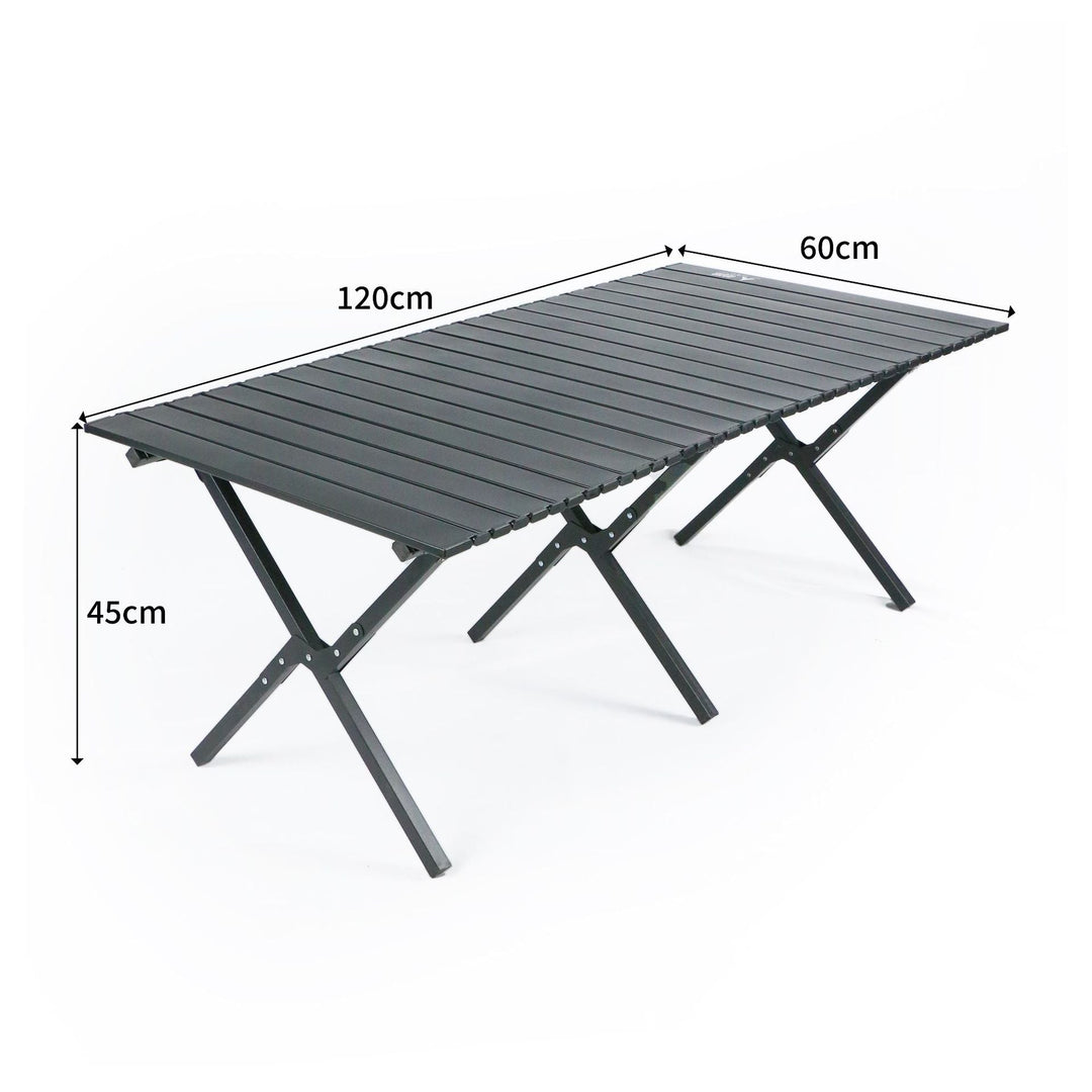 Versatile travel gear: a foldable camping table for outdoor dining, made from lightweight aluminum.