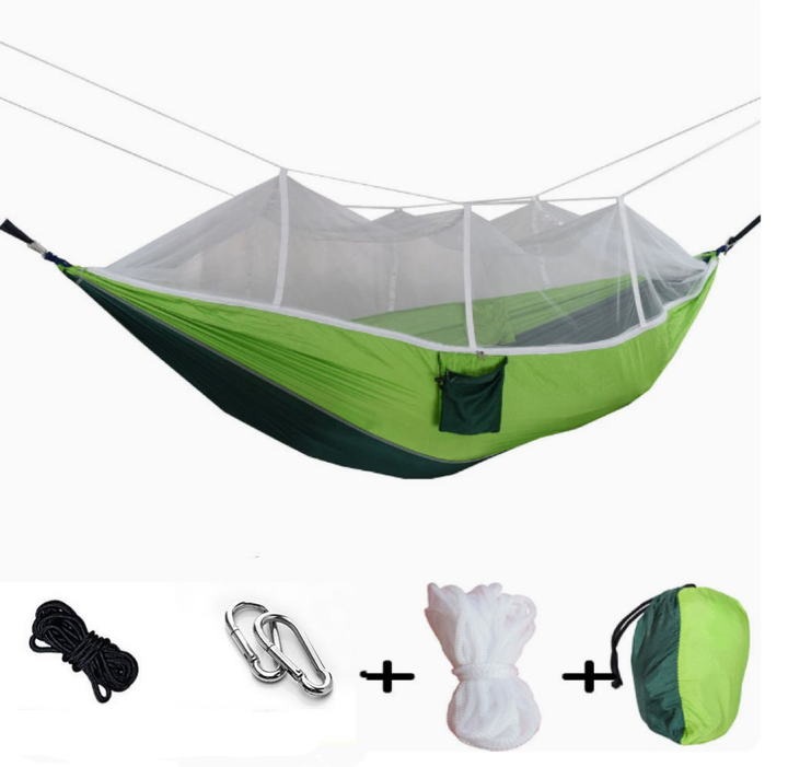 Lightweight camping hammock with integrated mosquito net and rain tarp for outdoor shelter.