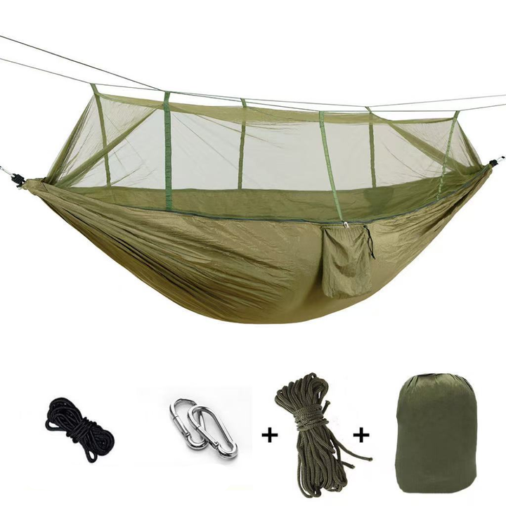 Secure & lightweight camping hammock with built-in mosquito net and rain tarp for ultimate outdoor comfort.