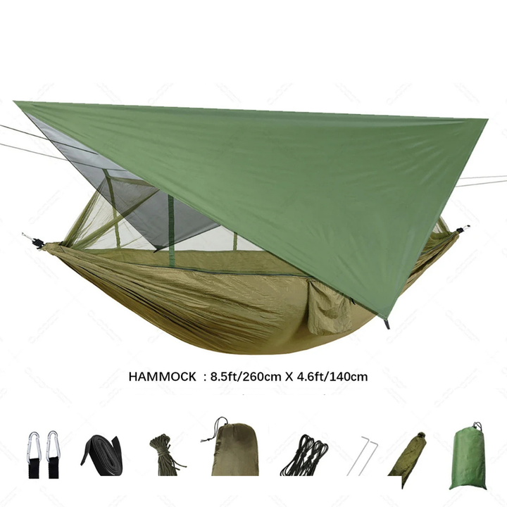 Portable backpacking hammock with mosquito net & rain tarp, ideal for hiking and travel.