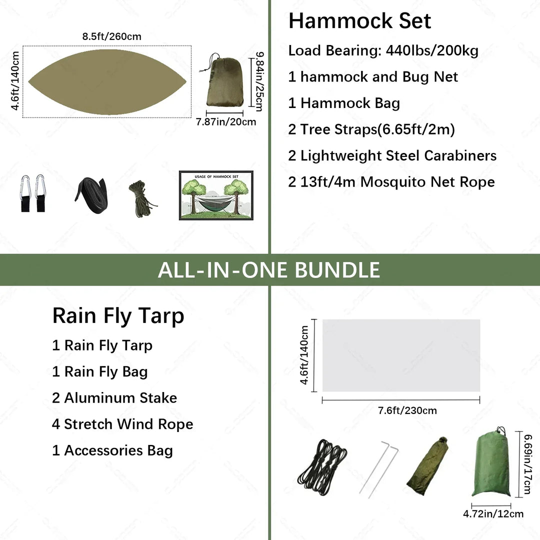 Durable camping hammock with bug net & rainfly offers complete outdoor protection & comfort.