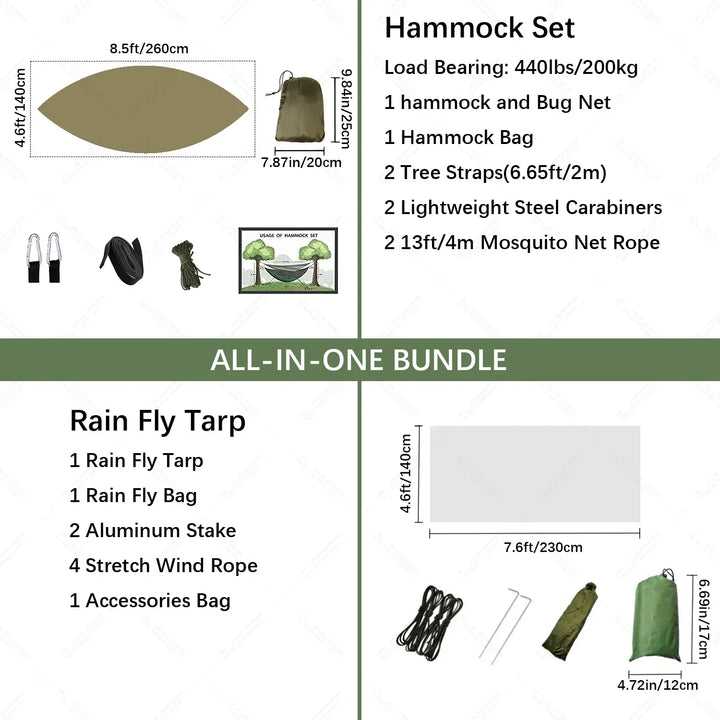 Durable camping hammock with bug net & rainfly offers complete outdoor protection & comfort.