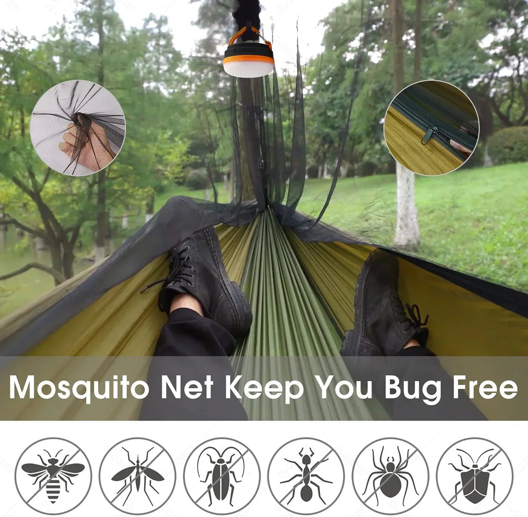 All-in-one travel hammock kit with rain tarp, mosquito net, and straps for easy setup.