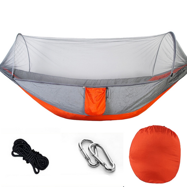 Lightweight hiking hammock with bug net & rain cover, perfect for backpackers' outdoor adventures.