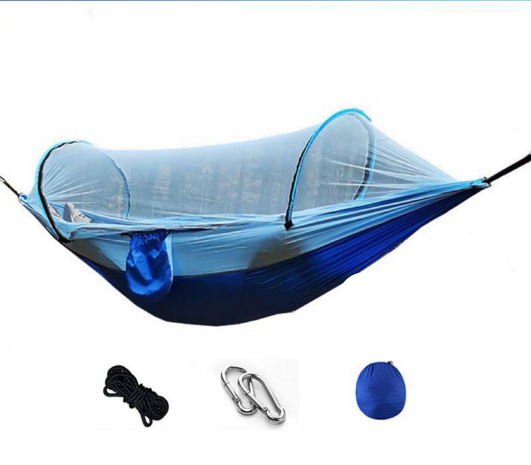 Complete outdoor shelter: portable camping hammock with rain tarp and bug screen for protection.