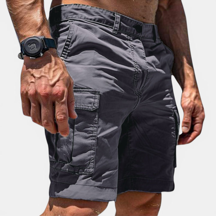 Relaxed fit men's khaki cargo shorts, lightweight & comfortable for summer.