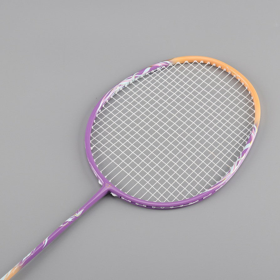 Aerodynamic lilac badminton racket for unisex players, offering superior control & precision in sports.