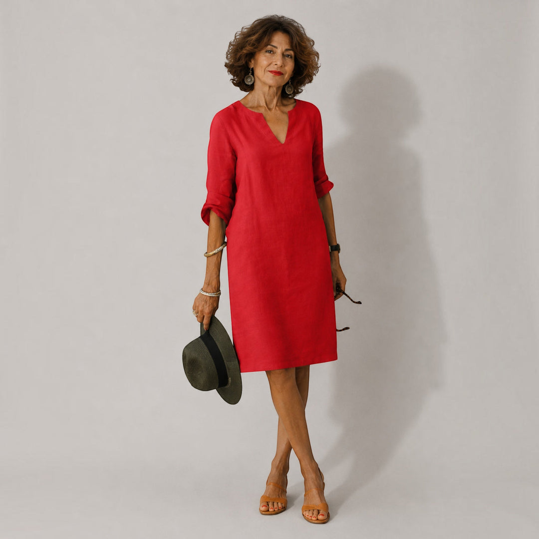 Lightweight V-Neck 3/4 sleeve women's midi dress, perfect for casual or elegant versatile wear.