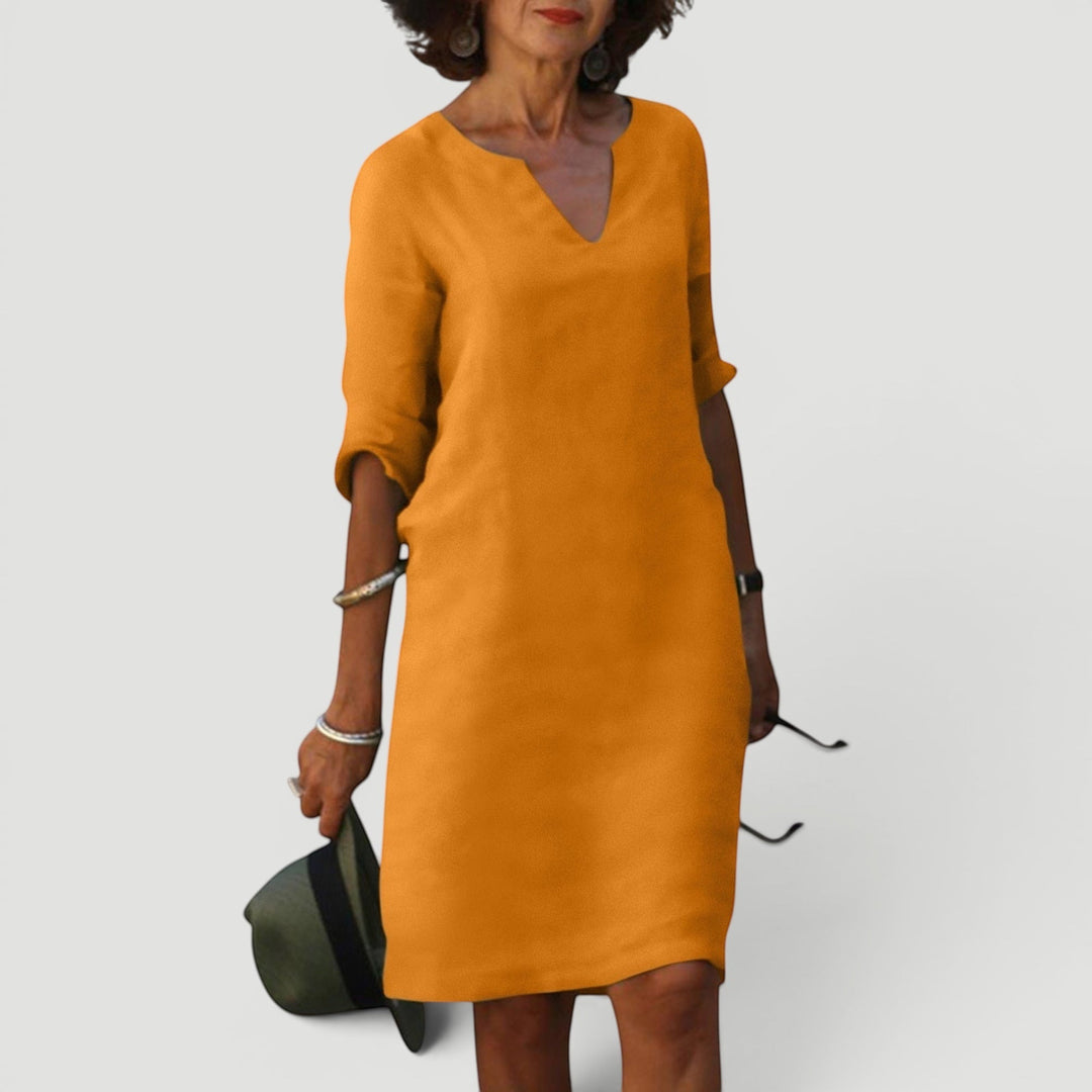 Women's casual lightweight V-neck midi dress. 3/4 sleeves, comfortable and stylish for daily wear.