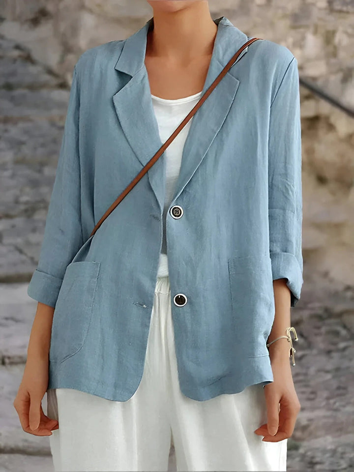 Chic women's versatile blazer in a neutral color, ideal for workwear, smart-casual outfits, or layering.