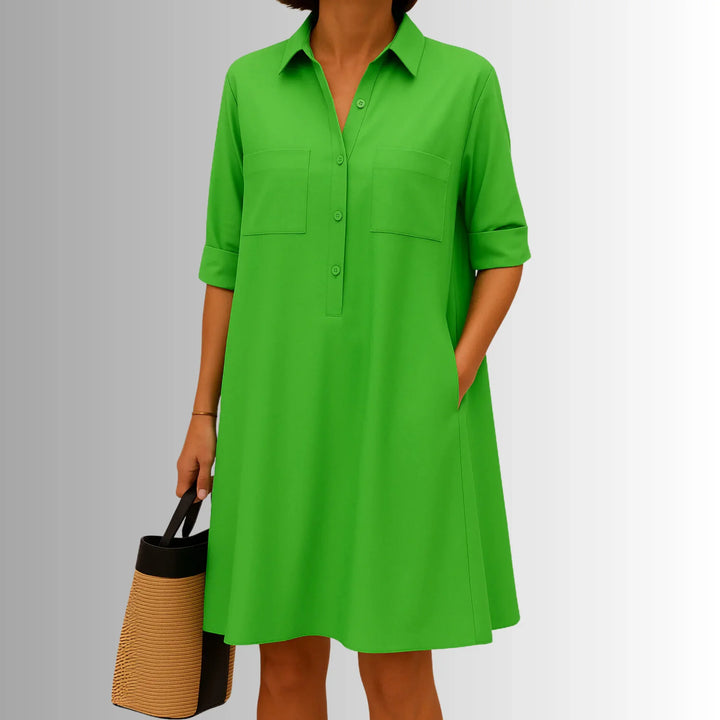 Lightweight women's collared shirt mini dress with 3/4-sleeves and button placket for casual summer style.
