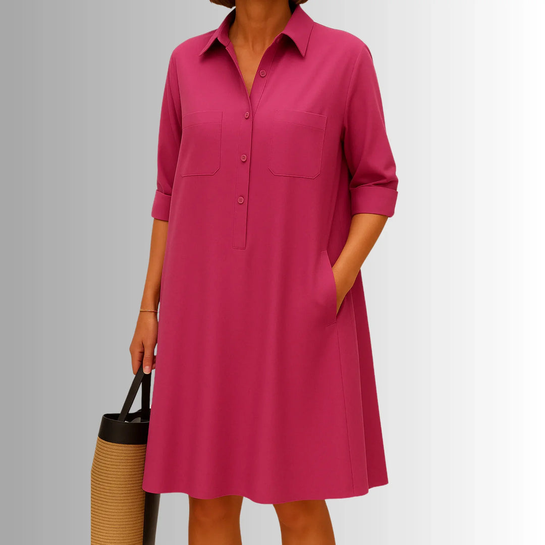 Chic women's collared shirt mini dress with 3/4-sleeves & button placket. Lightweight, perfect for casual fashion.