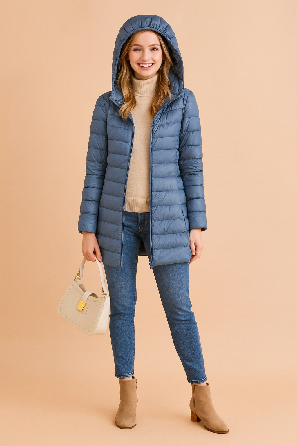 Long hooded women's winter puffer jacket in black, offering stylish warmth and cold weather protection.