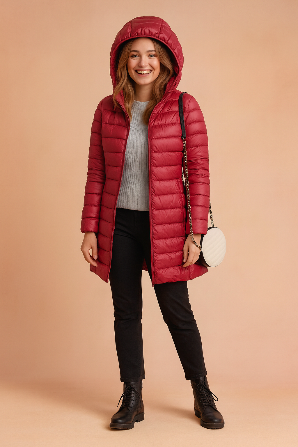 Full shot of a woman wearing a stylish long hooded puffer jacket, perfect for cold weather fashion.