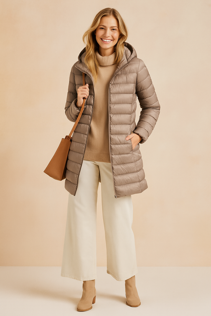 Detail of the zipper and stitching on a warm, long women's winter puffer coat for fashion outerwear.