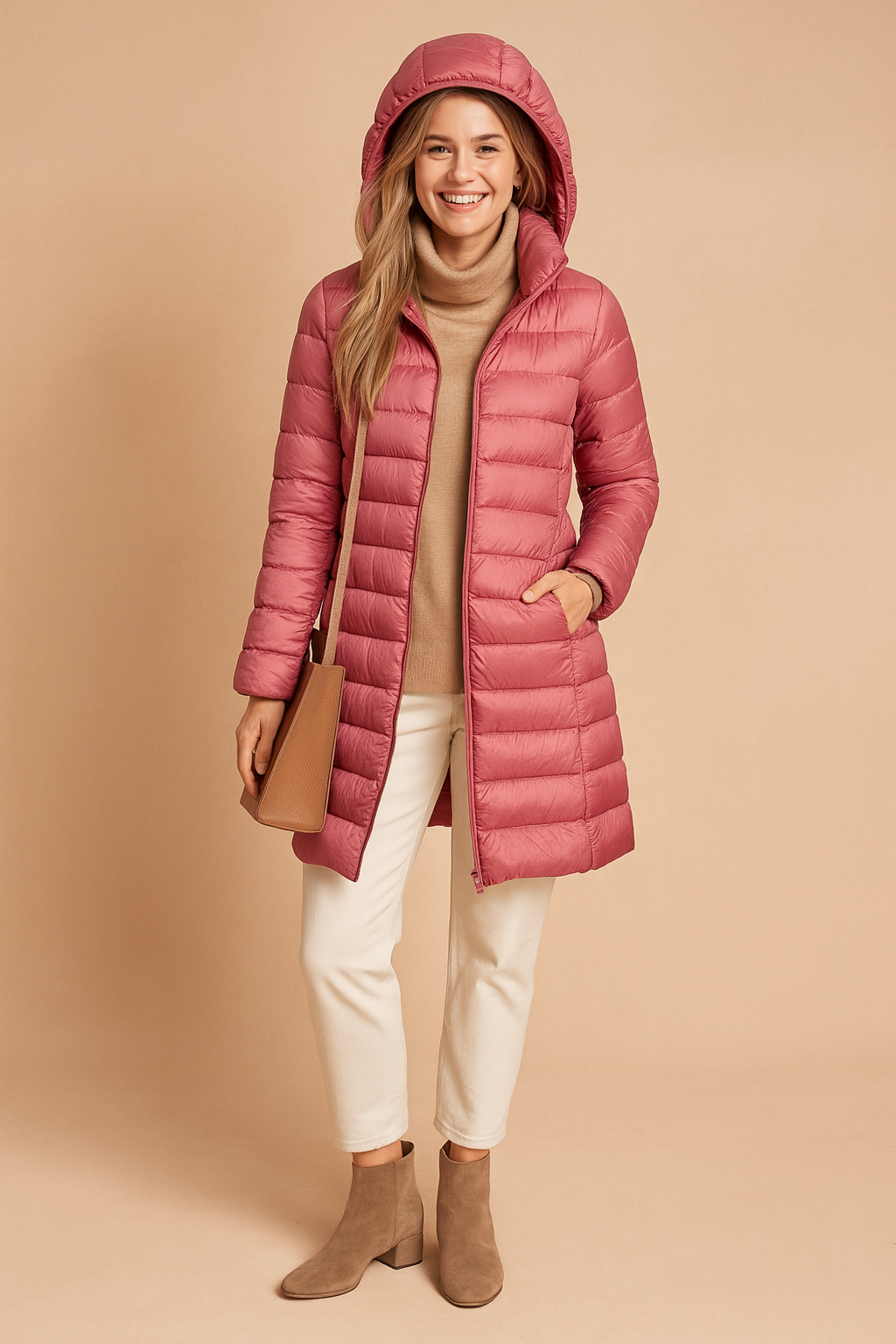 Model demonstrating the length and fit of a fashionable hooded women's winter puffer jacket.