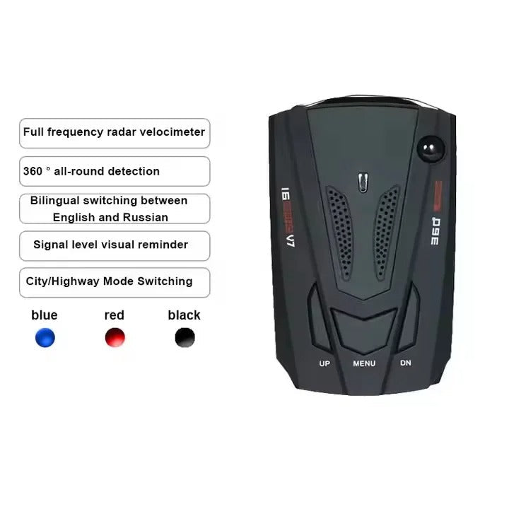 Vehicle radar detector mounted on car dashboard, providing long-range speed trap alerts for safe UK driving.