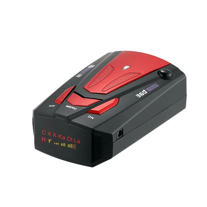 Sleek black vehicle radar detector displaying alerts, specifically for long-range speed trap detection on UK roads.