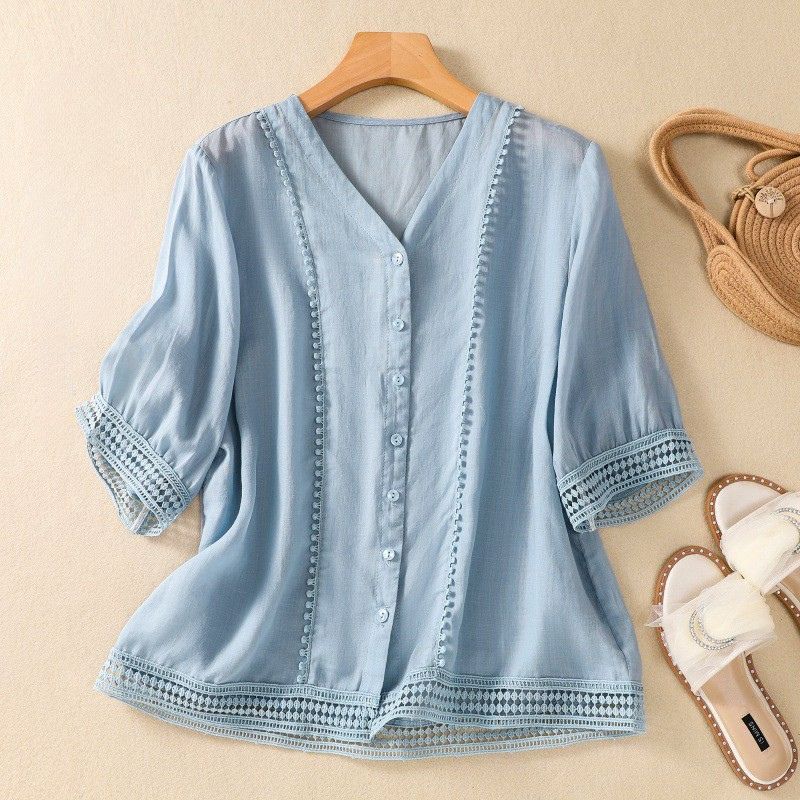Lucia women's cotton-linen summer blouse, elegant and lightweight top.