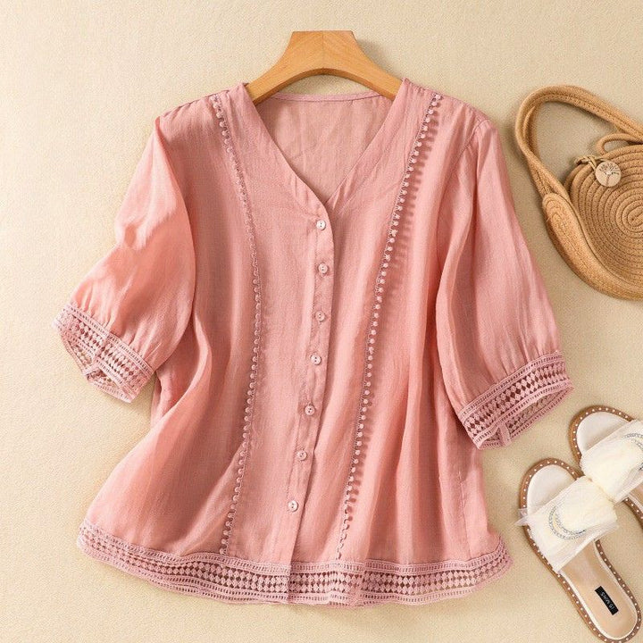 Model wearing Lucia elegant button-up blouse, a casual chic linen blend.
